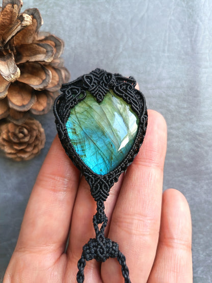 Labradorite Macrame Necklace | Pendant size approx 6.5cm - Freehand Design