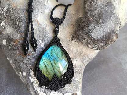 Labradorite Macrame Necklace | Pendant size approx 6.5cm - Freehand Design