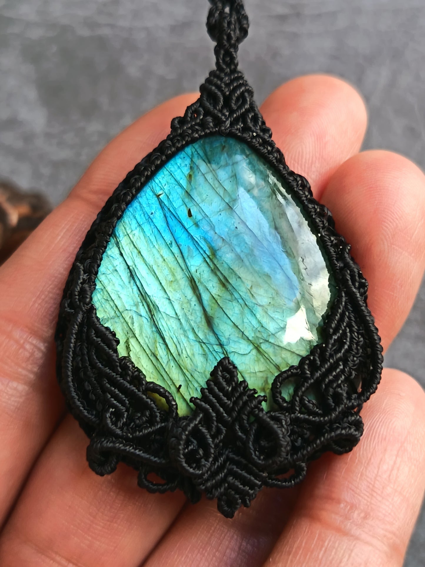 Labradorite Macrame Necklace | Pendant size approx 6.5cm - Freehand Design