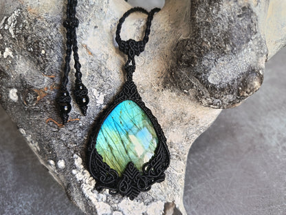 Labradorite Macrame Necklace | Pendant size approx 6.5cm - Freehand Design