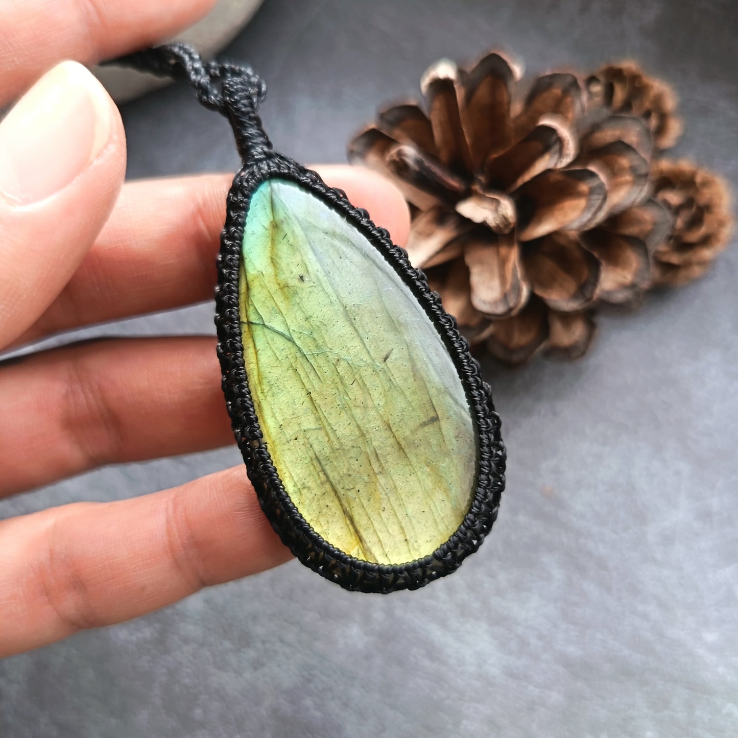 Labradorite Macrame Necklace | Pendant size approx 6.5 cm - Clearance