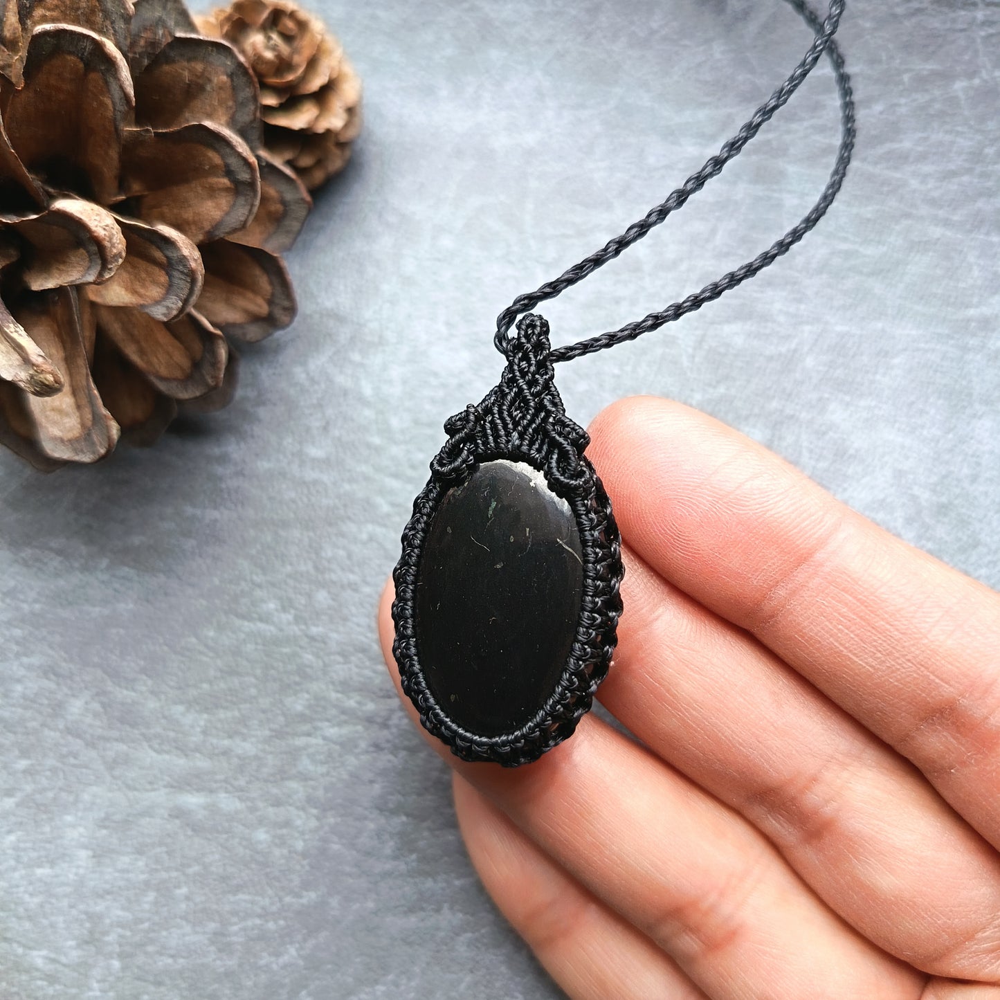 Shungite Macrame Necklace | Pendant size approx 4.5 cm