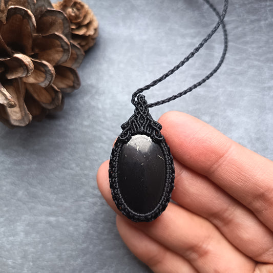 Shungite Macrame Necklace | Pendant size approx 4.5 cm