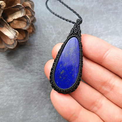 Lapis Lazuli Macrame Necklace | Pendant size approx 5.5 cm