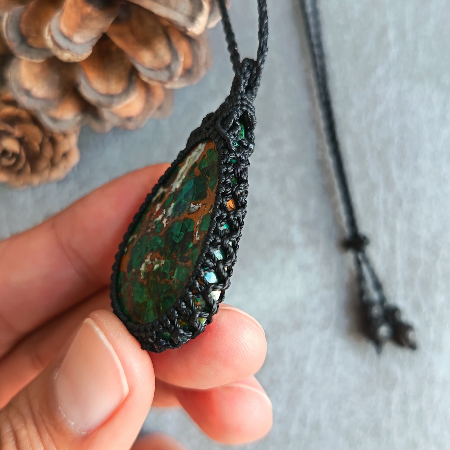 Malachite Chrysocolla Macrame Necklace | Pendant size approx 4.7 cm