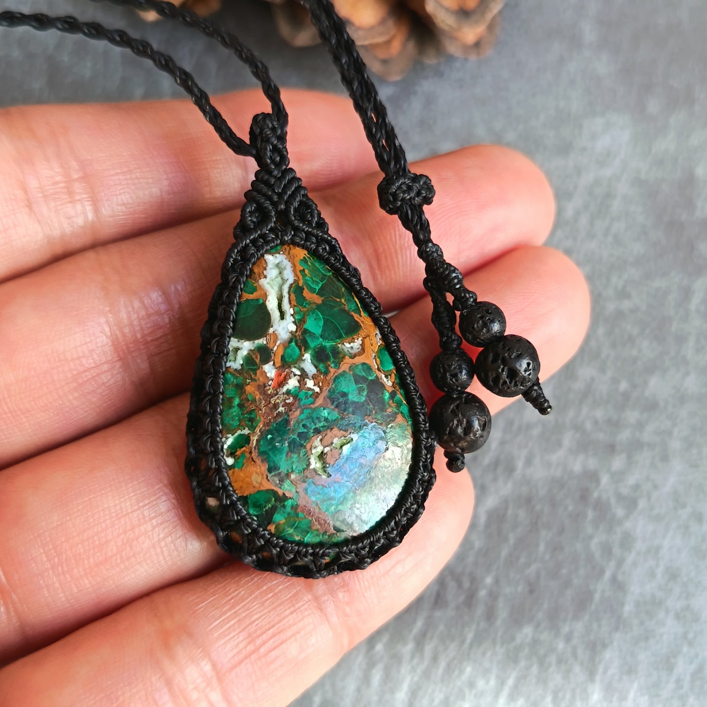 Malachite Chrysocolla Macrame Necklace | Pendant size approx 4.7 cm
