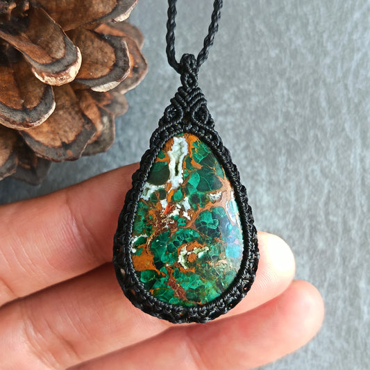Malachite Chrysocolla Macrame Necklace | Pendant size approx 4.7 cm
