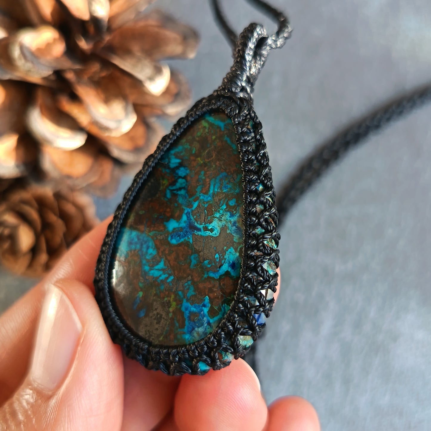 Shattuckite Macrame Necklace | Pendant size approx 5.5 cm