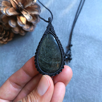 Golden Sheen Obsidian Macrame Necklace | Pendant size approx 5.4 cm