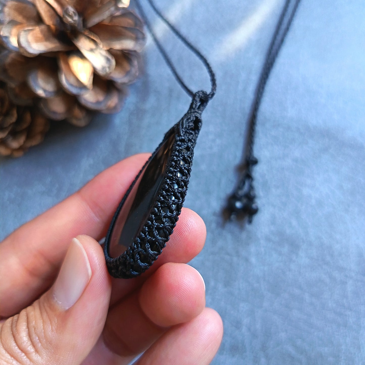 Golden Sheen Obsidian Macrame Necklace | Pendant size approx 5.4 cm