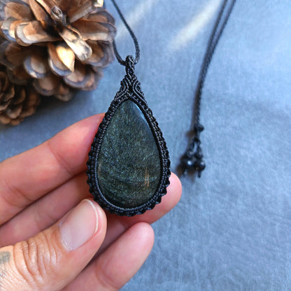 Golden Sheen Obsidian Macrame Necklace | Pendant size approx 5.4 cm