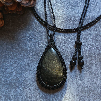 Golden Sheen Obsidian Macrame Necklace | Pendant size approx 5.4 cm