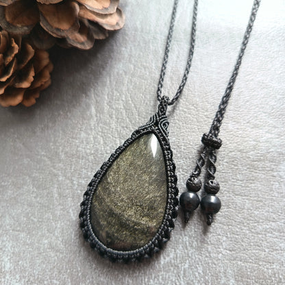 Golden Sheen Obsidian Macrame Necklace | Pendant size approx 5.4 cm