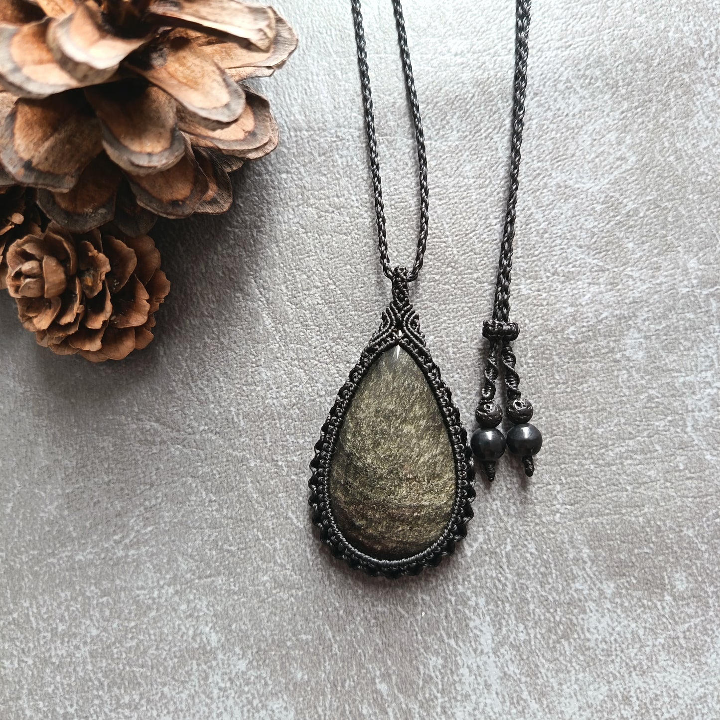 Golden Sheen Obsidian Macrame Necklace | Pendant size approx 5.4 cm