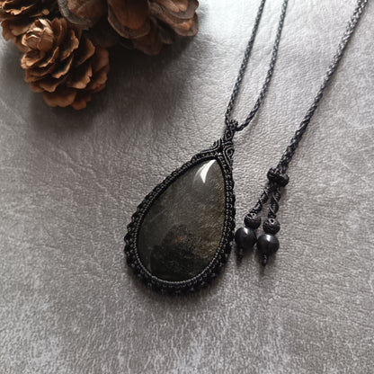 Golden Sheen Obsidian Macrame Necklace | Pendant size approx 5.4 cm