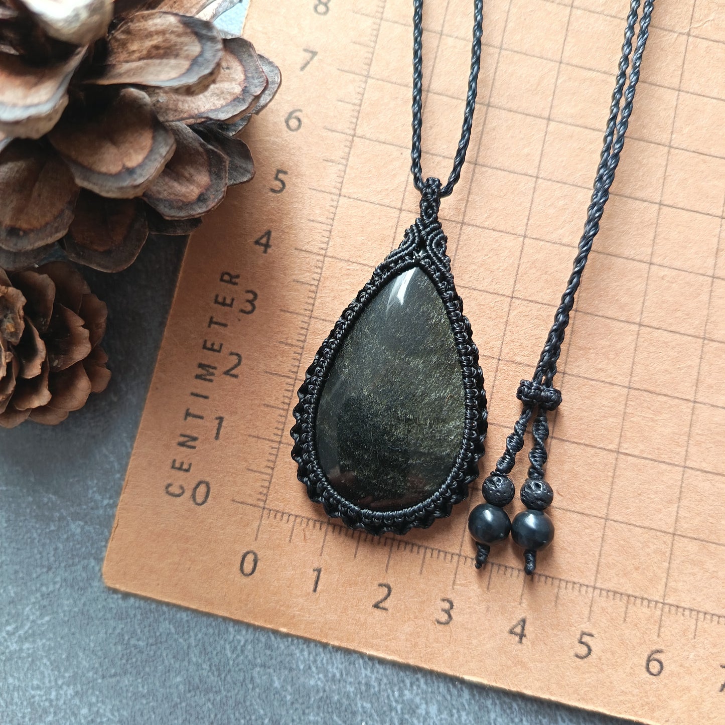 Golden Sheen Obsidian Macrame Necklace | Pendant size approx 5.4 cm