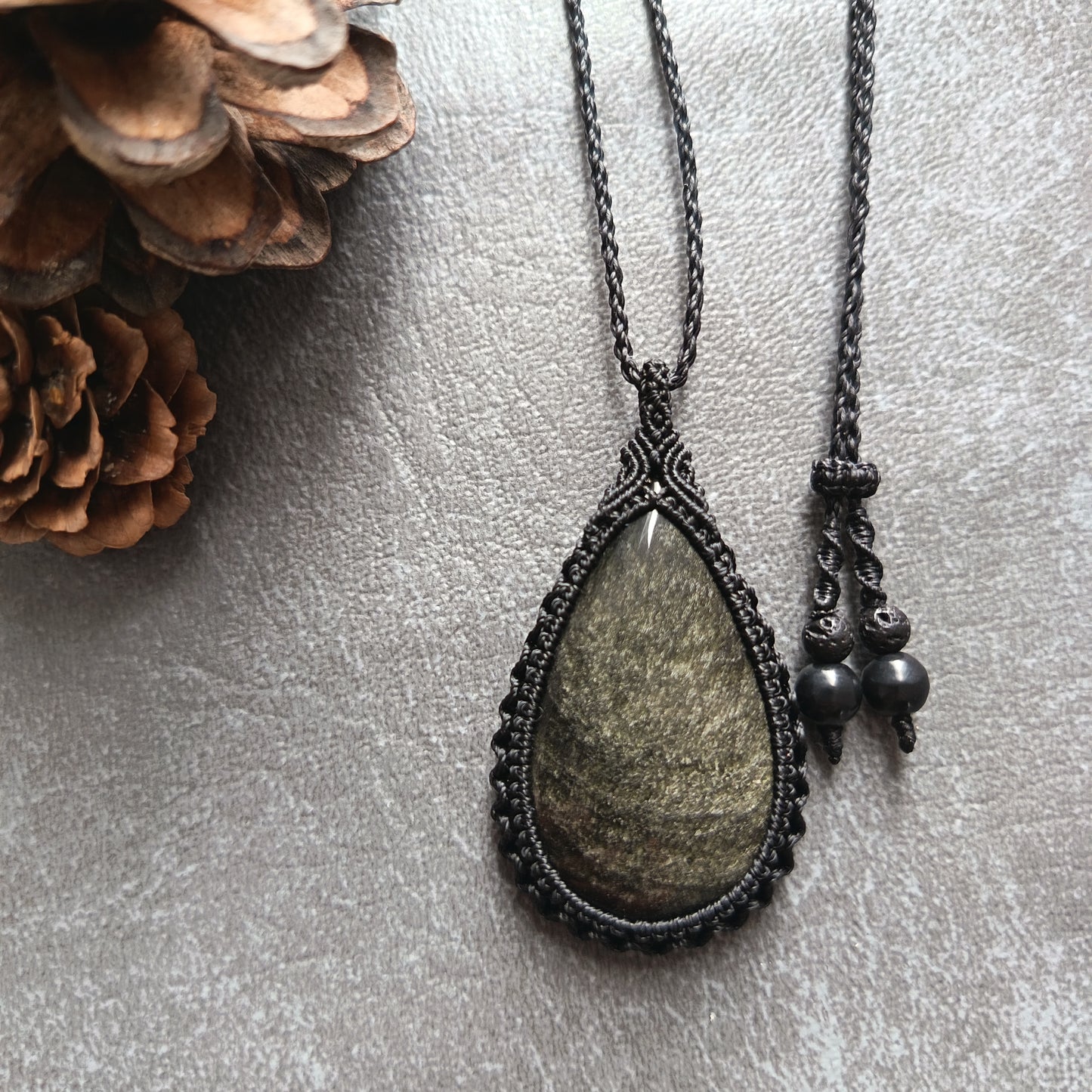 Golden Sheen Obsidian Macrame Necklace | Pendant size approx 5.4 cm
