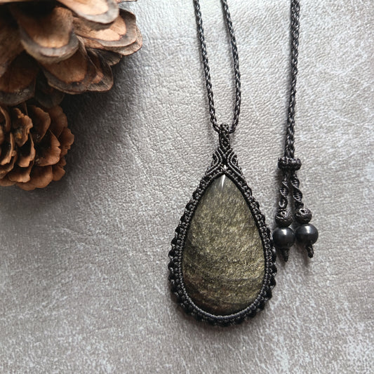 Golden Sheen Obsidian Macrame Necklace | Pendant size approx 5.4 cm
