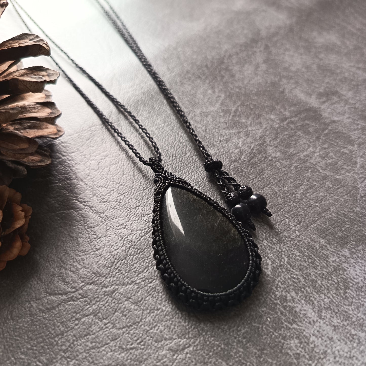 Golden Sheen Obsidian Macrame Necklace | Pendant size approx 5.4 cm