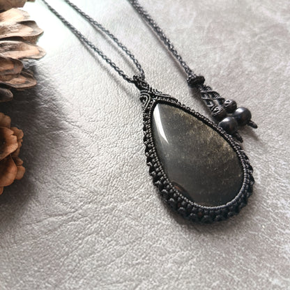 Golden Sheen Obsidian Macrame Necklace | Pendant size approx 5.4 cm