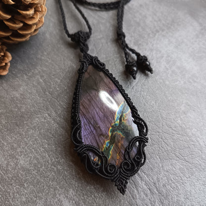 Purple Labradorite Macrame Necklace | Freehand Design | Pendant size approx 9.4 cm