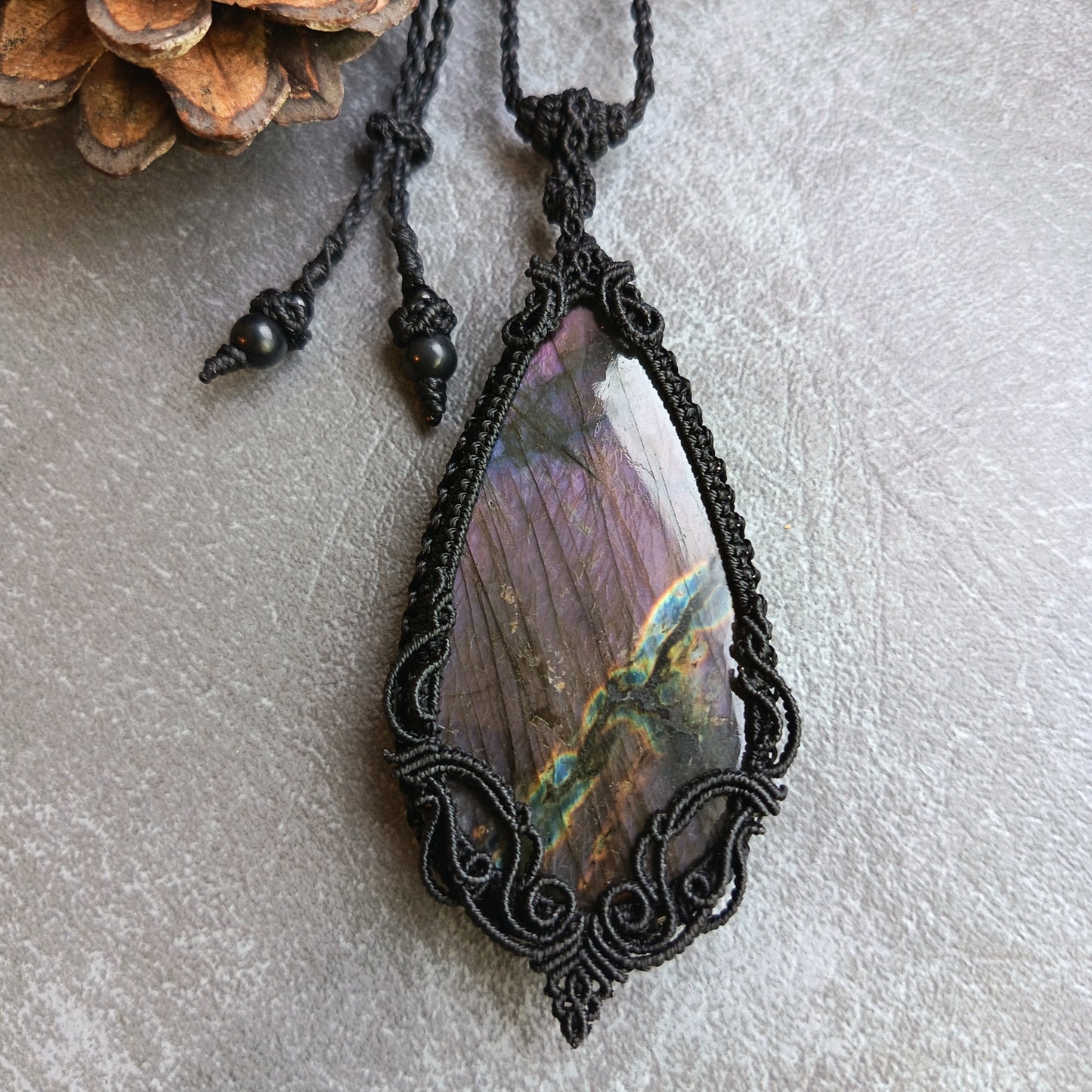 Purple Labradorite Macrame Necklace | Freehand Design | Pendant size approx 9.4 cm
