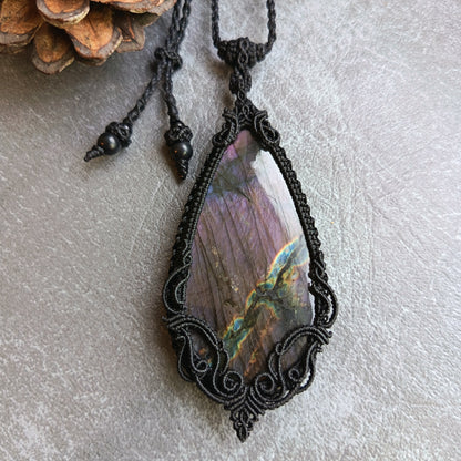 Purple Labradorite Macrame Necklace | Freehand Design | Pendant size approx 9.4 cm