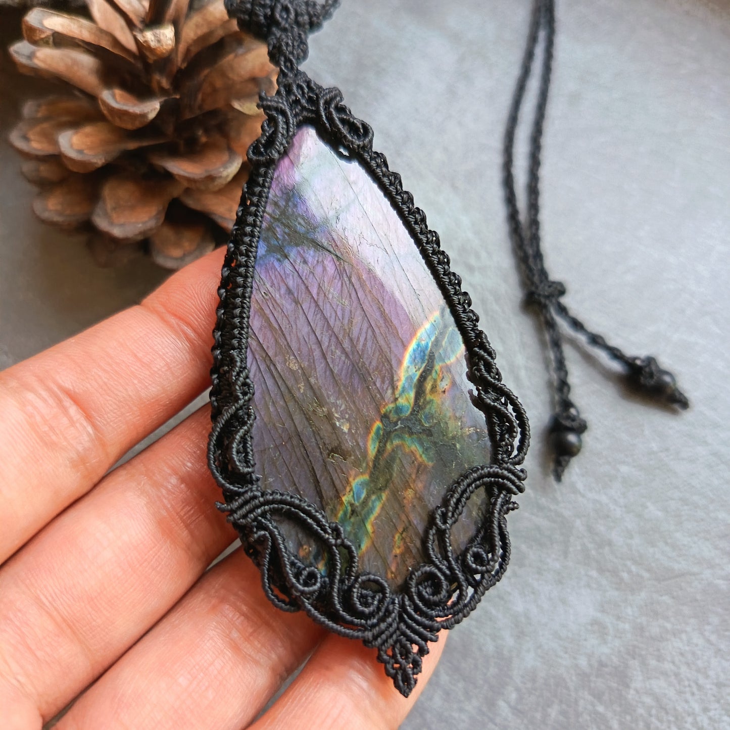 Purple Labradorite Macrame Necklace | Freehand Design | Pendant size approx 9.4 cm