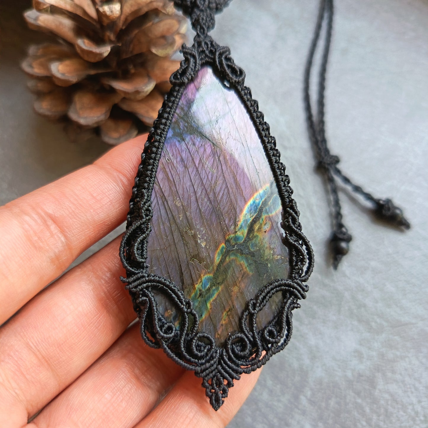 Purple Labradorite Macrame Necklace | Freehand Design | Pendant size approx 9.4 cm