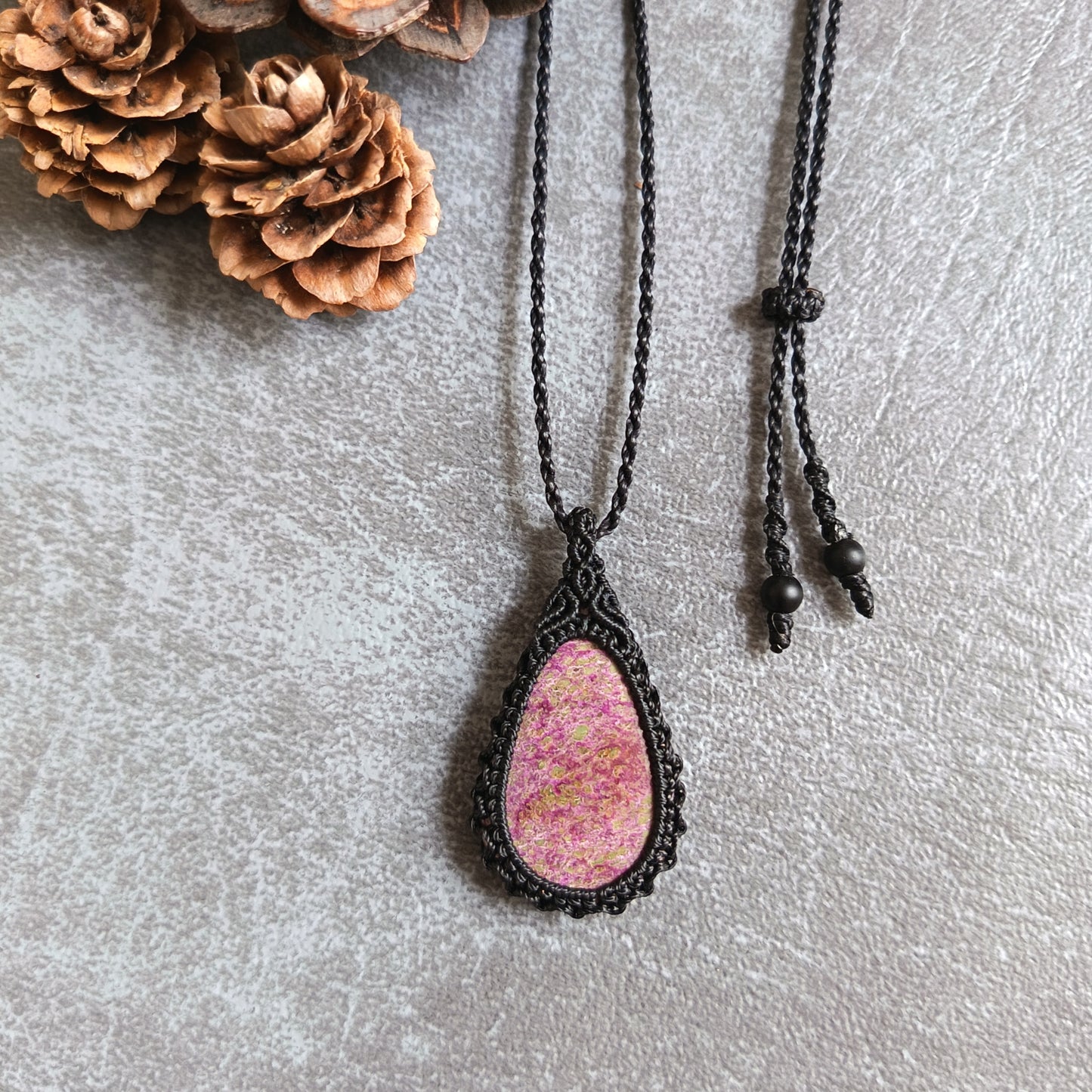 Stichtite Macrame Necklace | Pendant size approx 4.2 cm
