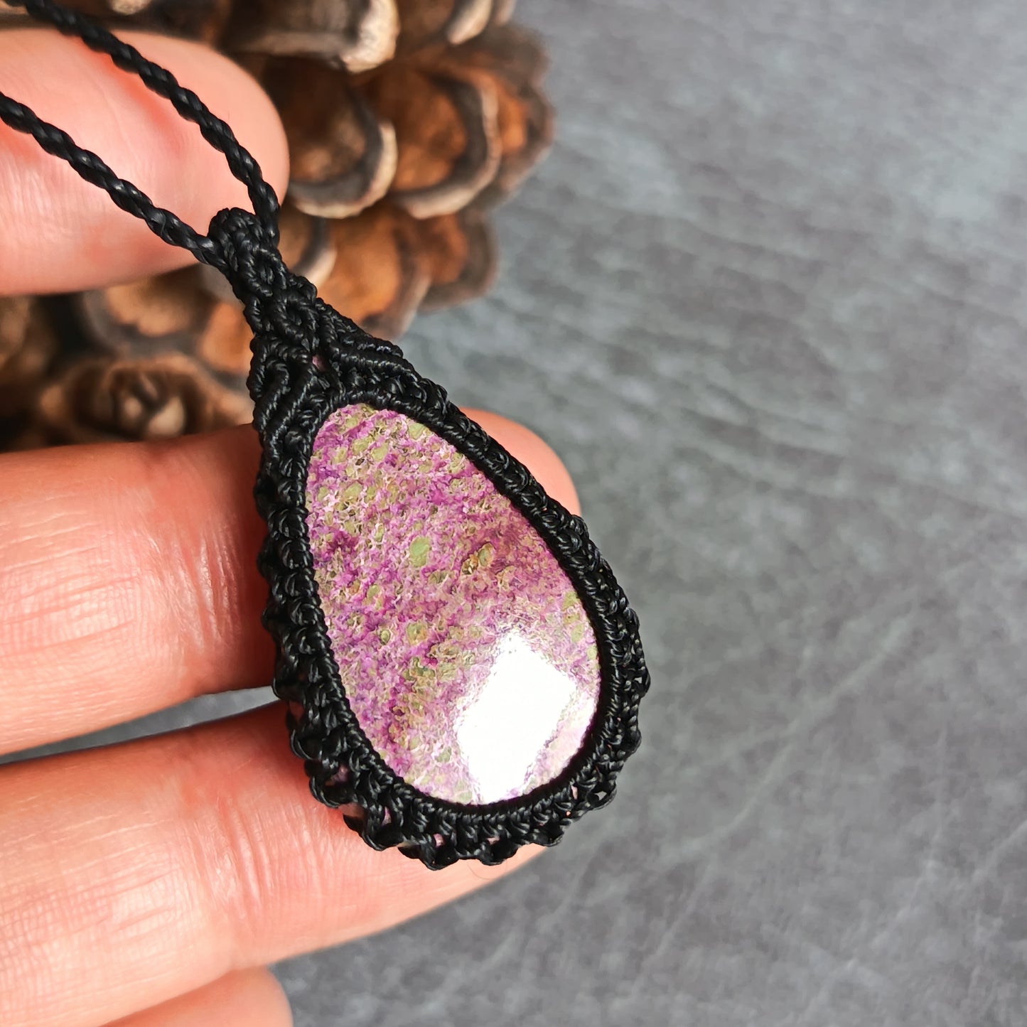 Stichtite Macrame Necklace | Pendant size approx 4.2 cm