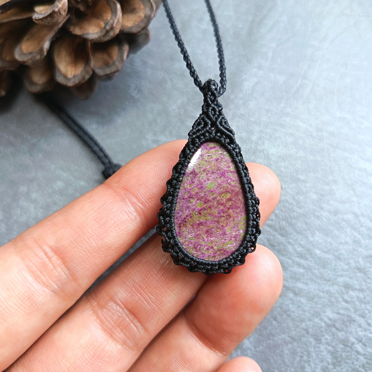 Stichtite Macrame Necklace | Pendant size approx 4.2 cm