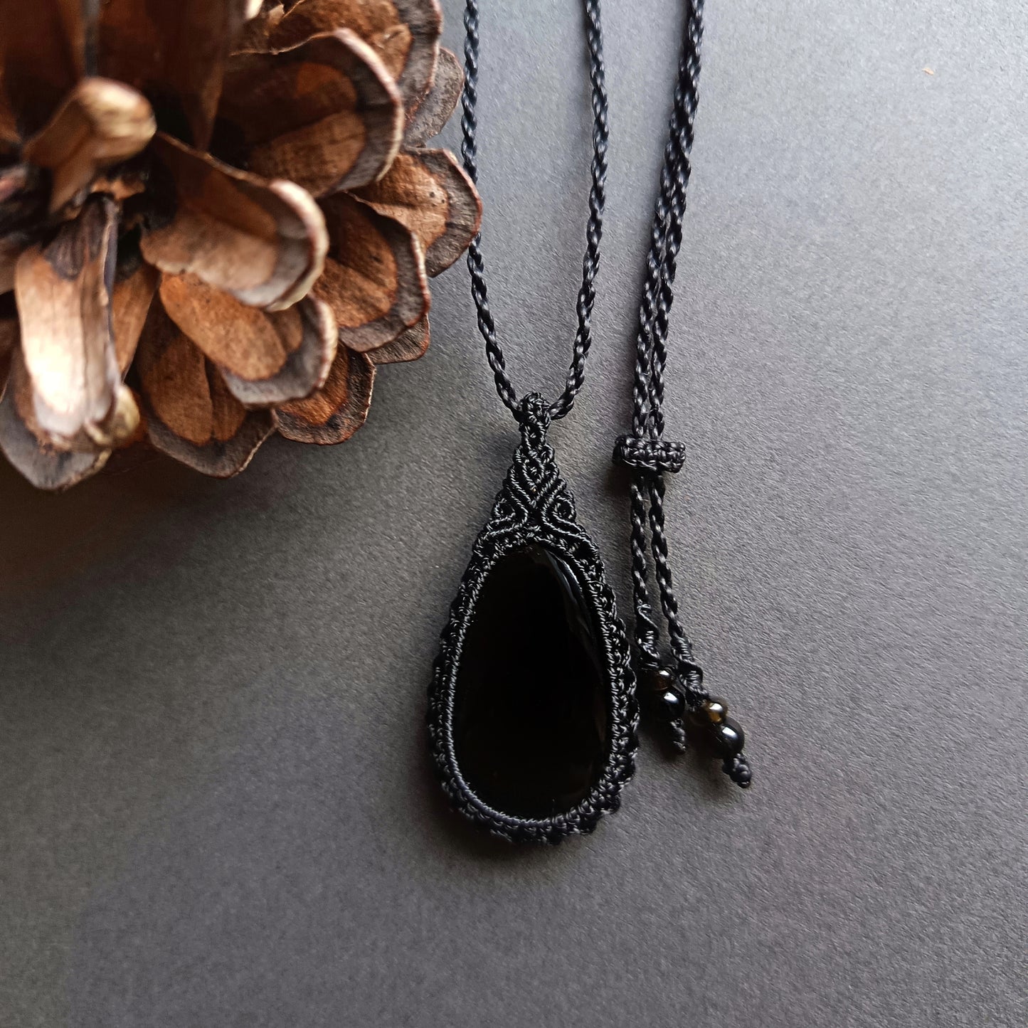 Black Onyx Macrame Necklace | Pendant size approx 4.8 cm