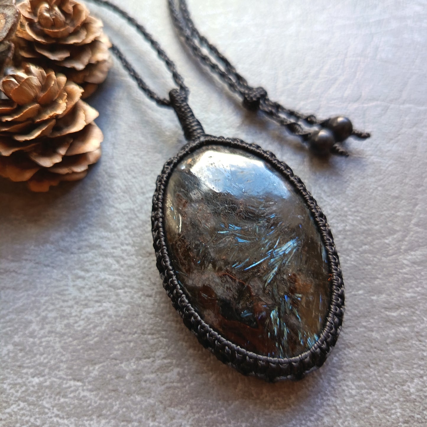 Arfvedsonite Macrame Necklace | Pendant size approx 7 cm