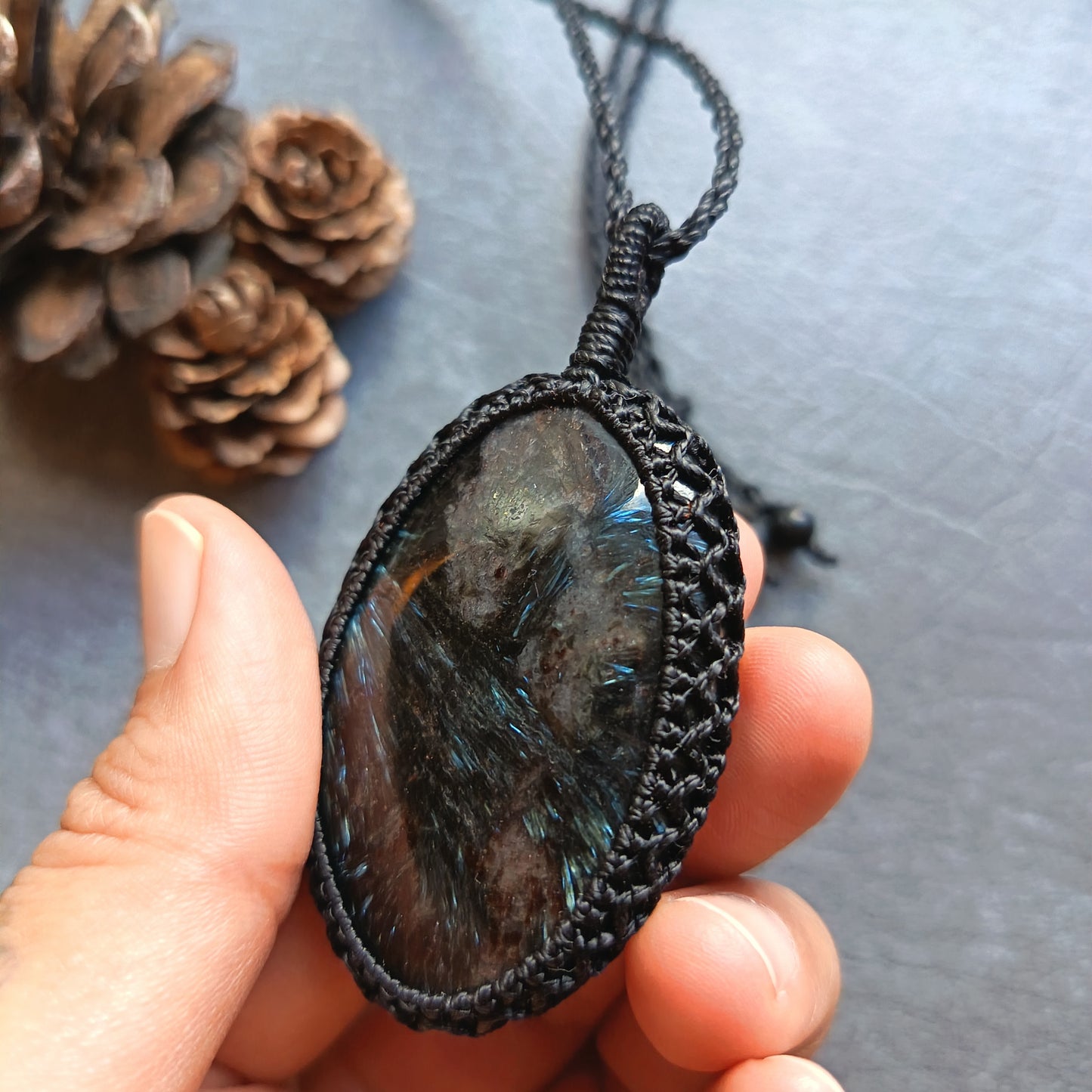 Arfvedsonite Macrame Necklace | Pendant size approx 7 cm