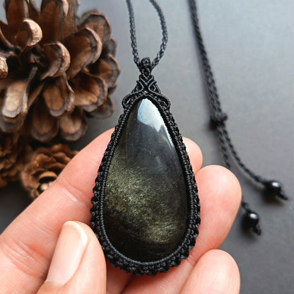 Golden Sheen Obsidian Macrame Necklace | Pendant size approx 5.7 cm