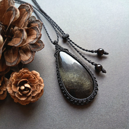 Golden Sheen Obsidian Macrame Necklace | Pendant size approx 5.7 cm