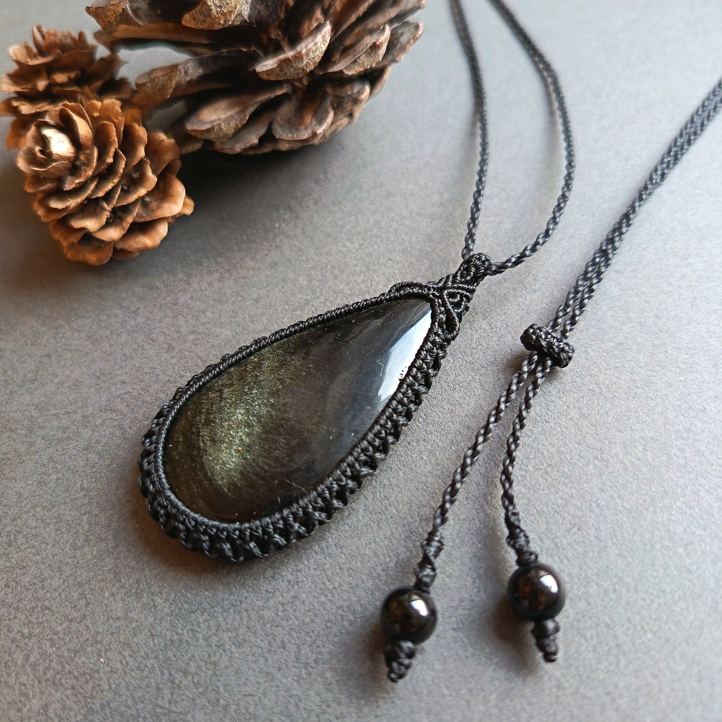 Golden Sheen Obsidian Macrame Necklace | Pendant size approx 5.7 cm