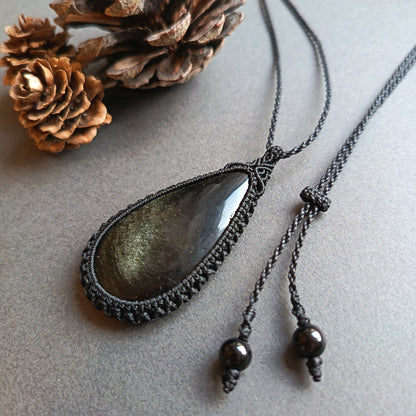 Golden Sheen Obsidian Macrame Necklace | Pendant size approx 5.7 cm