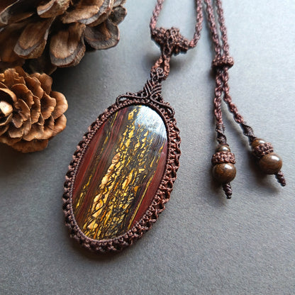 Tiger Iron | Iron Tiger's Eye Macrame Necklace | Pendant size 5.9 cm