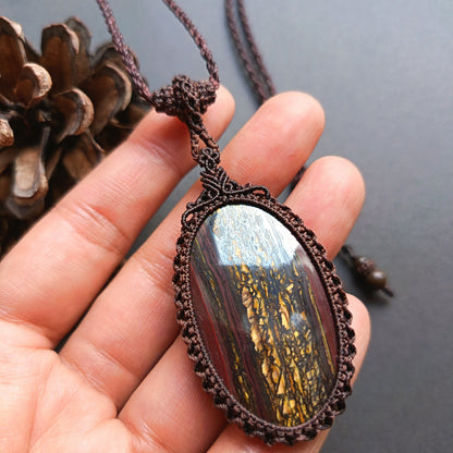 Tiger Iron | Iron Tiger's Eye Macrame Necklace | Pendant size 5.9 cm