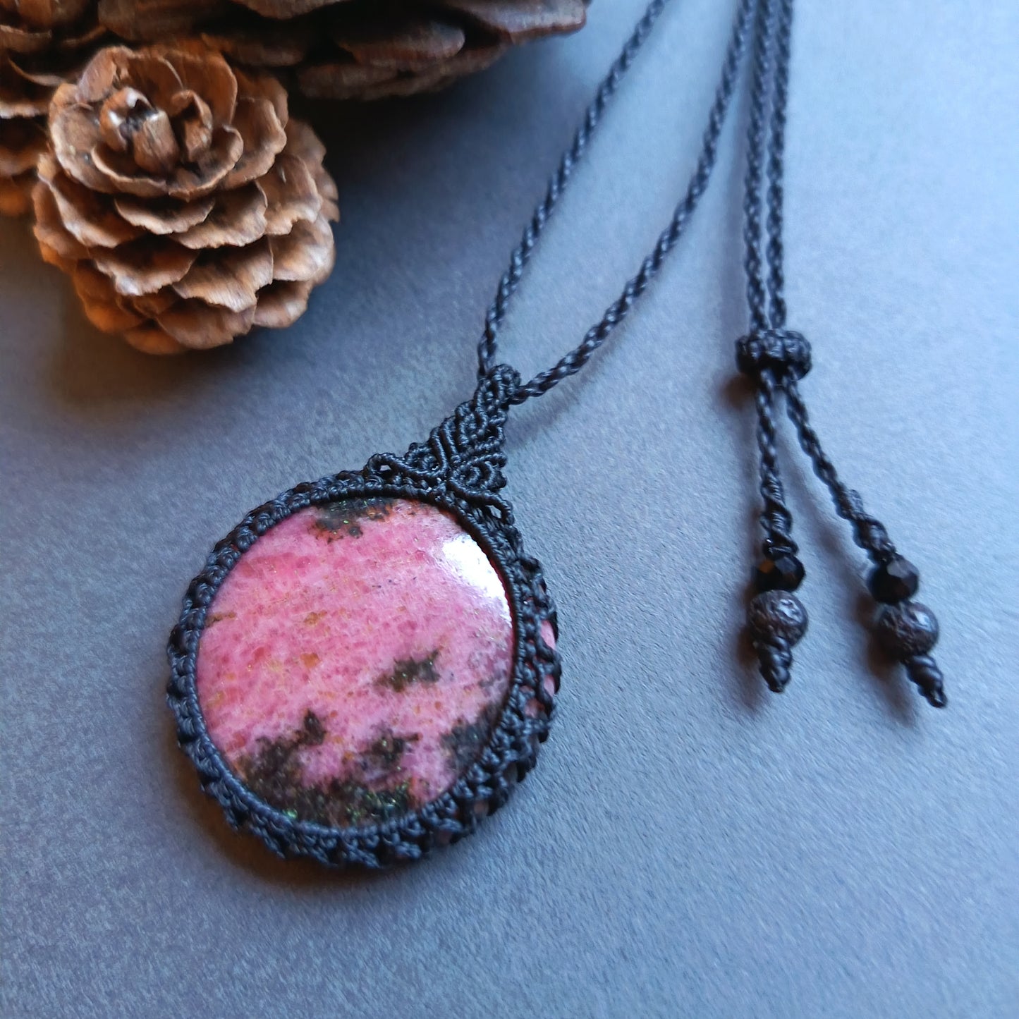 Rhodonite Macrame Necklace | Pendant size approx 4.3 cm