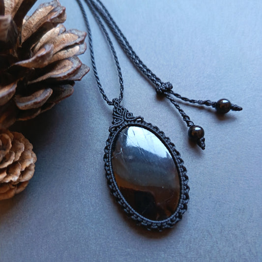 Black Tourmaline Macrame Necklace | Pendant size approx 5.3 cm