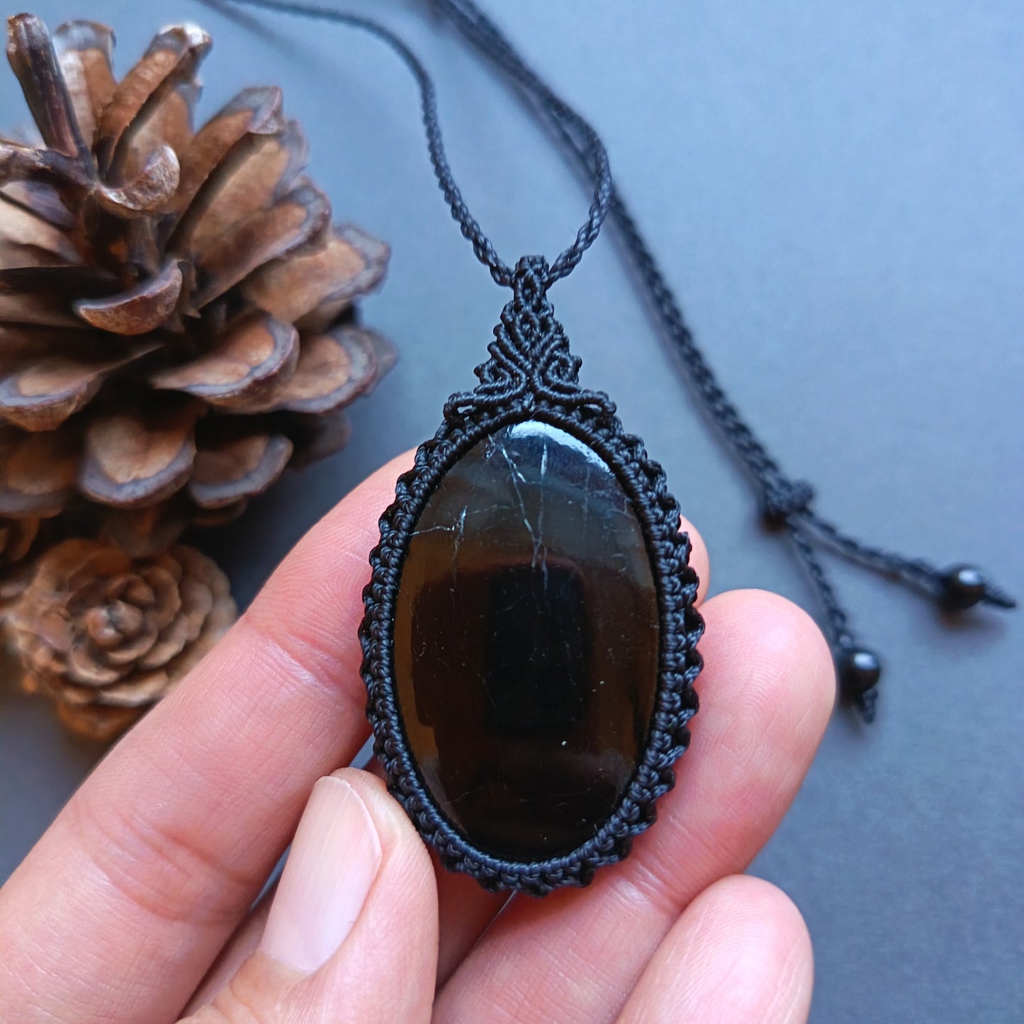 Black Tourmaline Macrame Necklace | Pendant size approx 5.3 cm