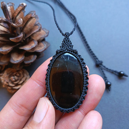 Black Tourmaline Macrame Necklace | Pendant size approx 5.3 cm
