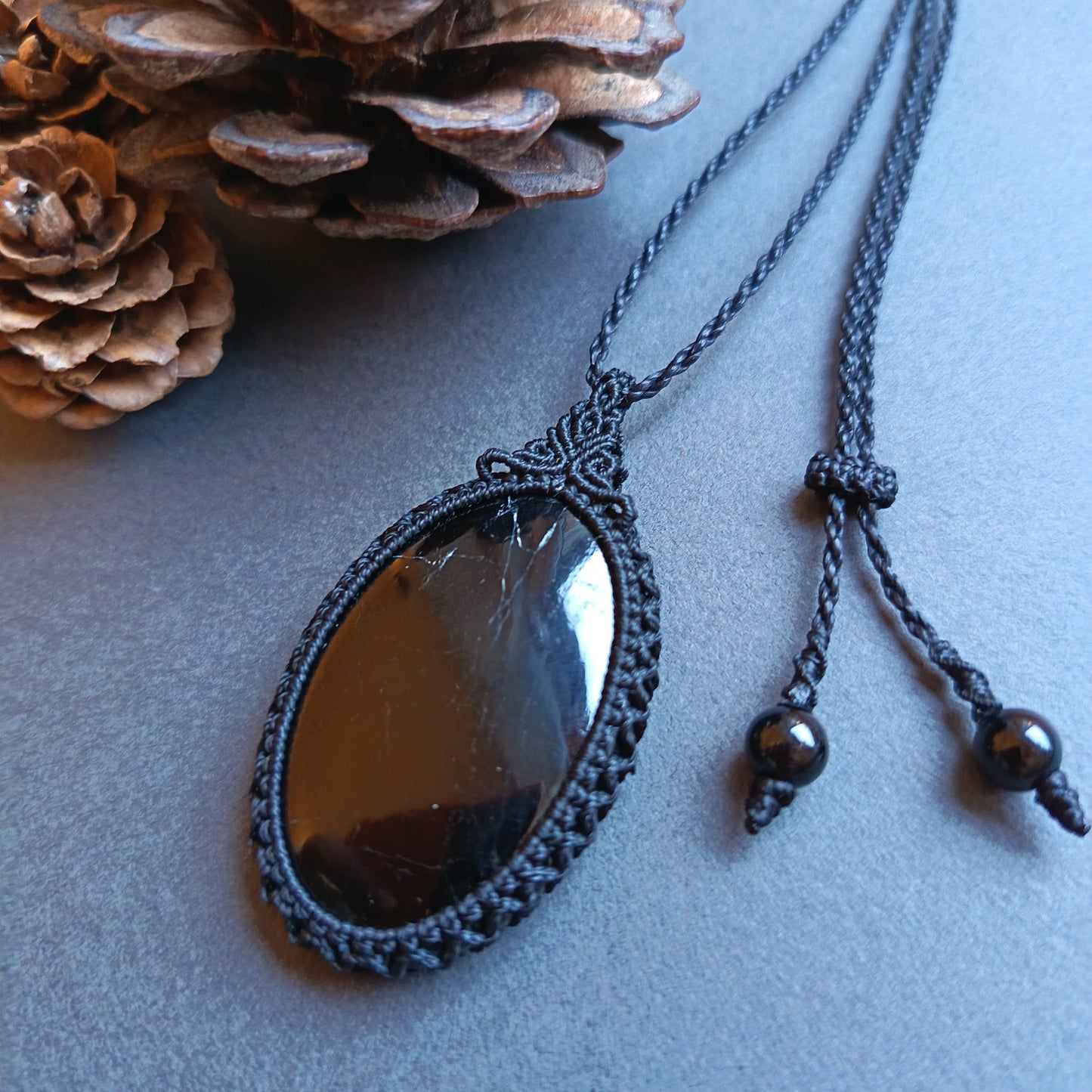 Black Tourmaline Macrame Necklace | Pendant size approx 5.3 cm