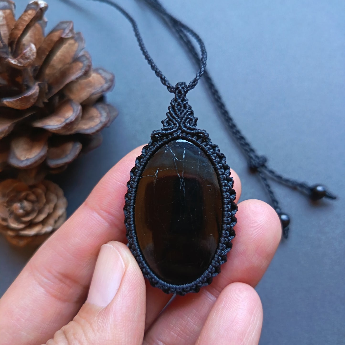 Black Tourmaline Macrame Necklace | Pendant size approx 5.3 cm