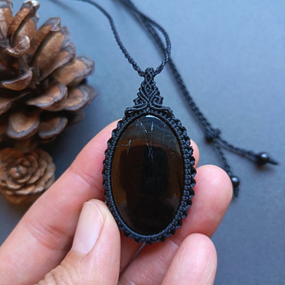Black Tourmaline Macrame Necklace | Pendant size approx 5.3 cm