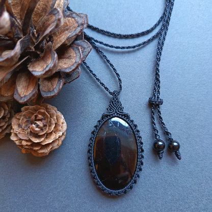 Black Tourmaline Macrame Necklace | Pendant size approx 5.3 cm