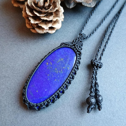Lapis Lazuli Macrame Necklace | Pendant size approx 5.5 cm